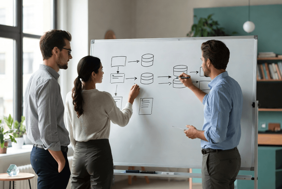 Emerald Systems team working at a whiteboard